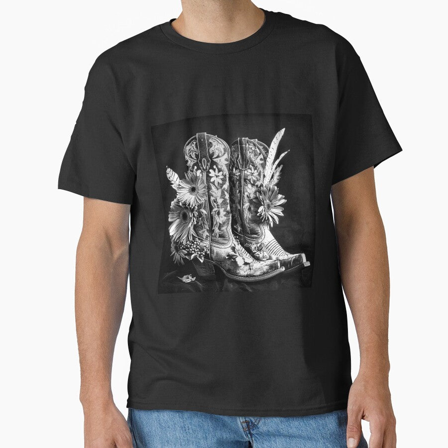 Floral Cowboy Boots with Feathers – Black and White Western Art by inkoutninja