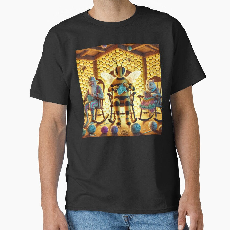 Beekeeper Grandpa, cat, and bee are knitting by DamioPolArt
