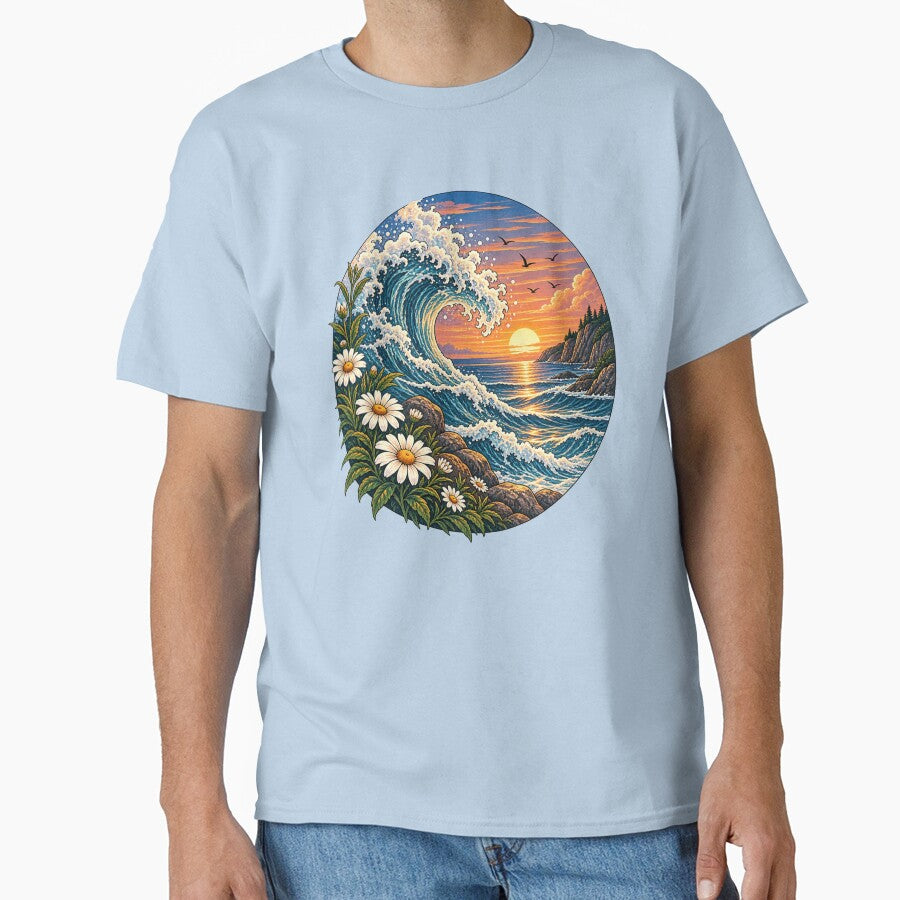 Ocean Sunset Wave Wildflower Nature Landscape Vintage Coastal Art by Everleaf Studio