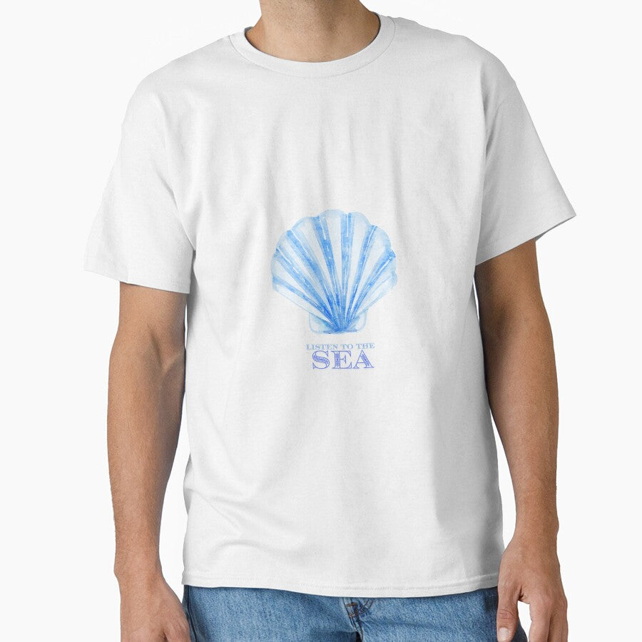 Listen to the Sea – Blue seashell in a watercolor aesthetic style by ColorNest Designs