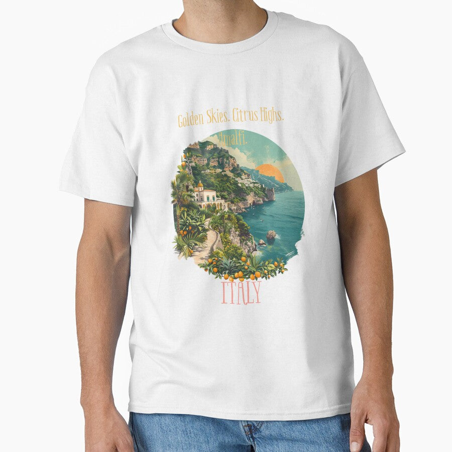 Golden Skies. Citrus Highs. Amalfi. – Amalfi Coast Travel T- Shirt | Lemon Grove Aesthetic | Summer Italy Poster by VybeWear Co.