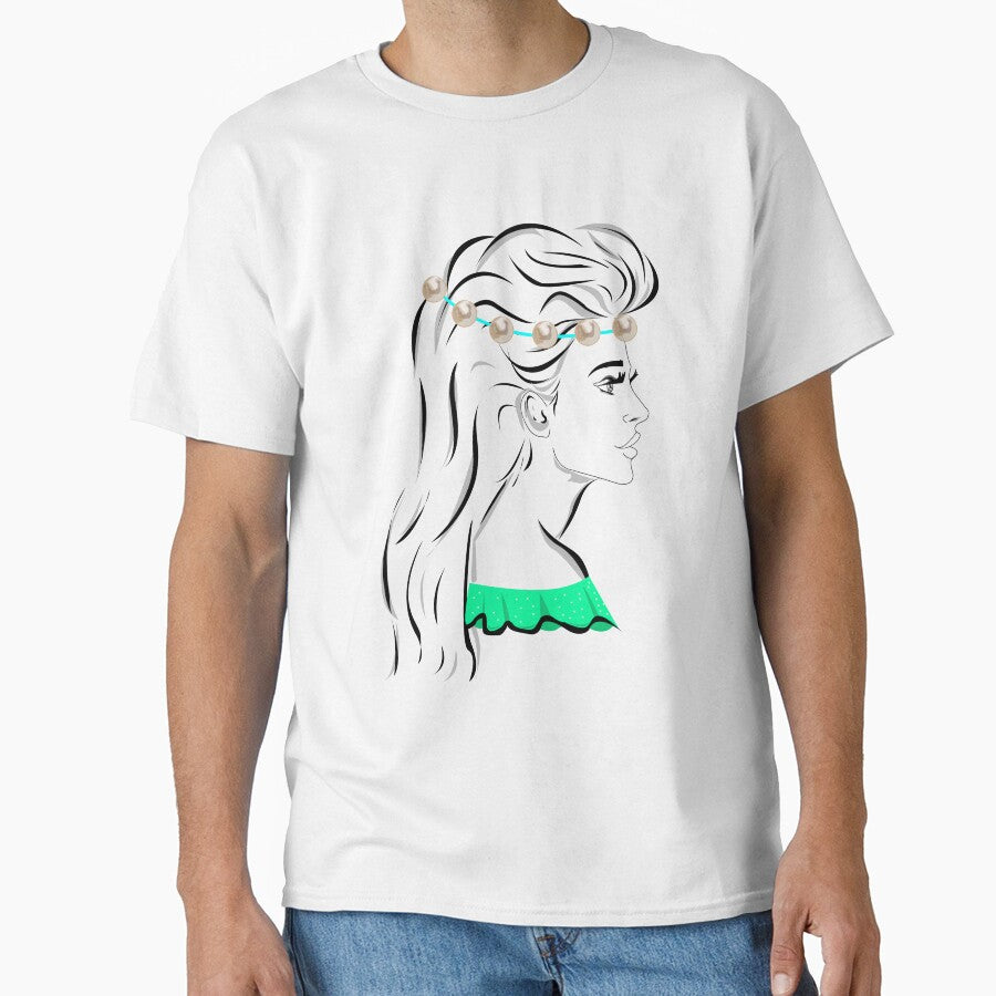 Line art pretty girl with long hair and eyelashes wearing hot green off shoulder dress and pearl crown by SGS-