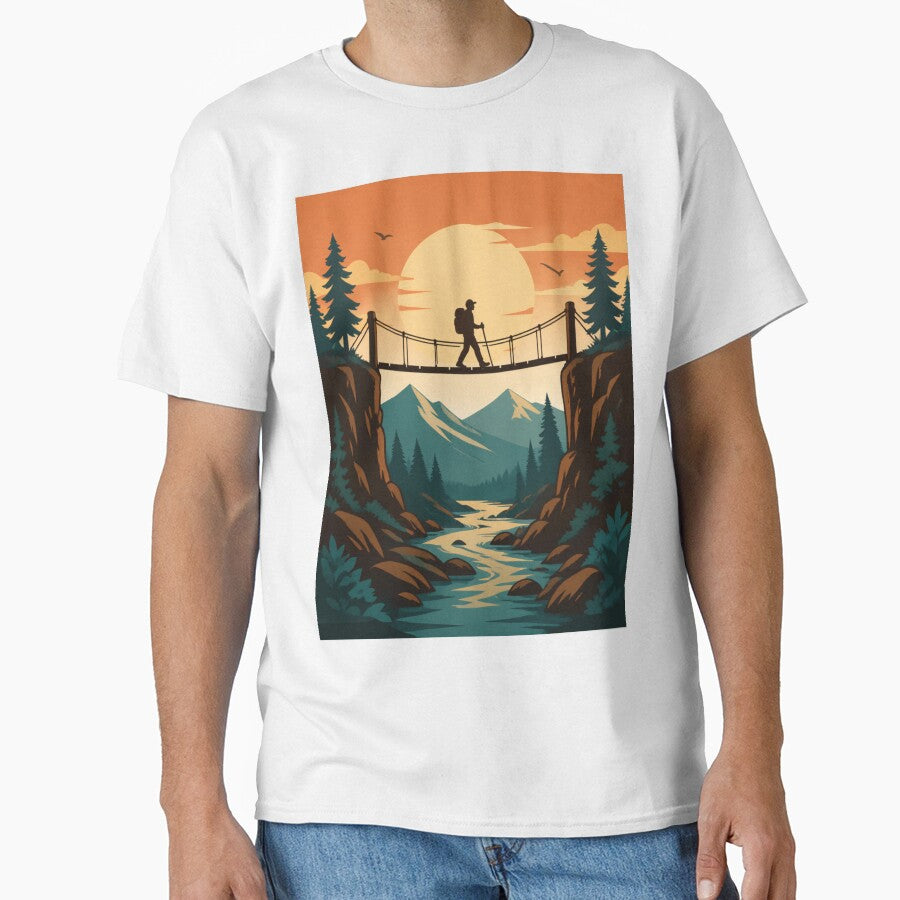Mountain Hiker Adventure – Retro Hiking Suspension Bridge Landscape by Utees07