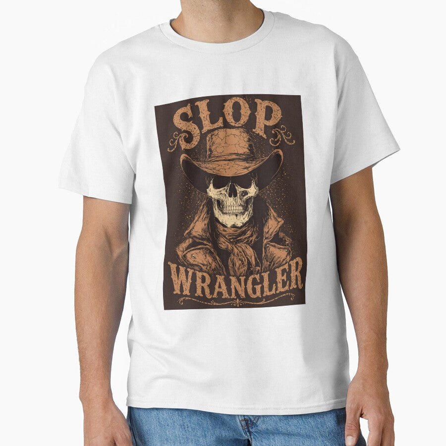 Slop Wrangler Vintage Western Skull Poster Style T-Shirt Design by gimpysticks