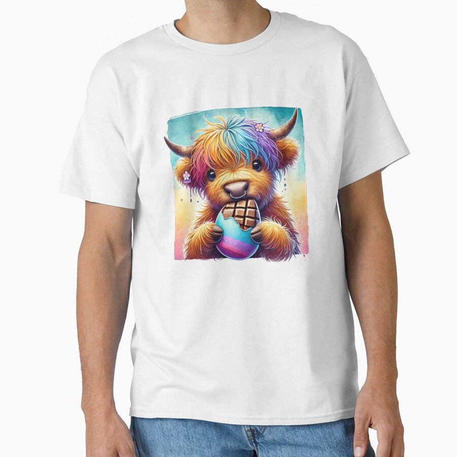Scottish Highland Cow eating Easter Eggs Colorful Watercolor by MaedK