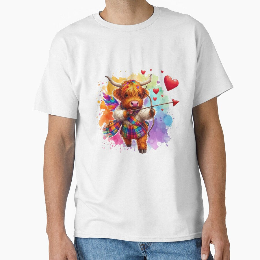 Valentines Cupid Scottish Highland Cow Colorful Watercolor by MaedK
