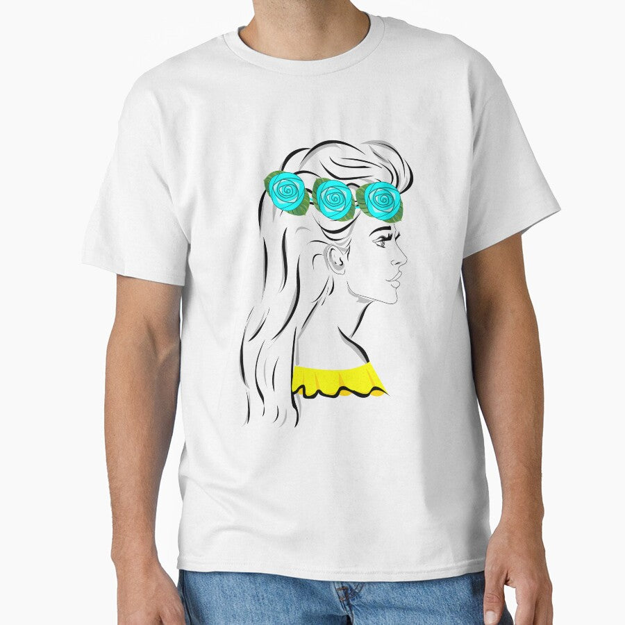 Line art pretty girl with long hair and eyelashes wearing hot yellow off shoulder dress and flowers crown by SGS-
