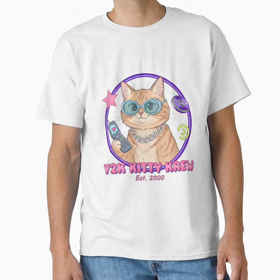 Y2K Kitty Krew - Retro Flip Phone Cat Meme Sticker & T-Shirt by cozy corner co.