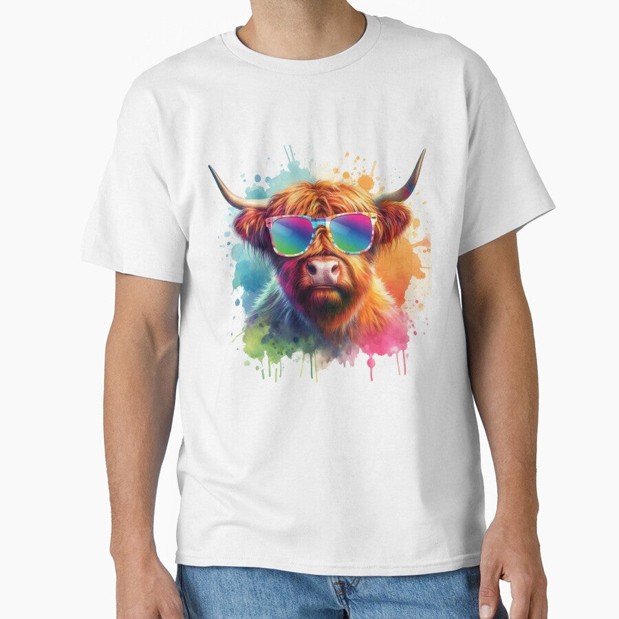 Scottish Highland Cow in Sunglasses Colorful Watercolor by MaedK