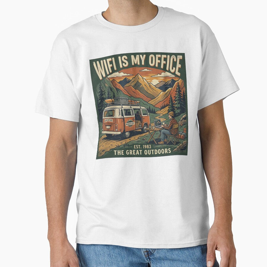 WiFi Is My Office Retro Camper Van Mountain T-Shirt Design by urbinet
