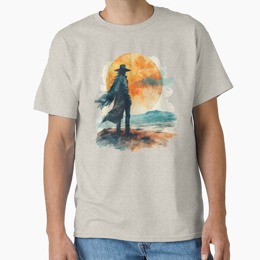 Lonely Cowboy at Sunset – Western Aesthetic Watercolor Illustration by Negartv designs by NegarTv Designs