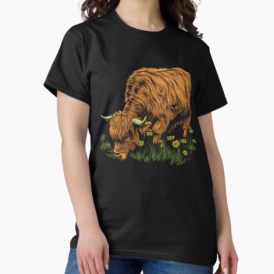 Scottish or irish fluffy  highland cattle cow animal grazing grass illustration by NBSStore