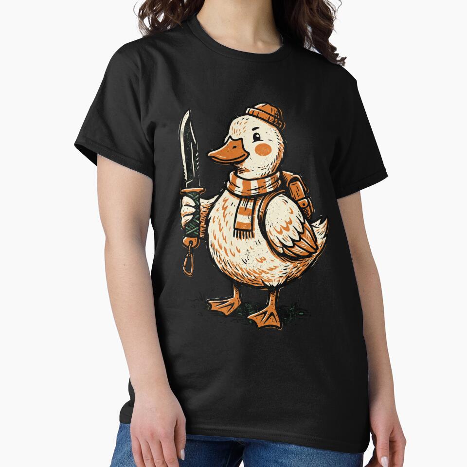 Funny Duck Holding Knife Camping Adventurer Linocut Vector by seven things shop