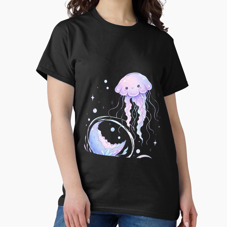 Cute Kawaii Jellyfish Moon | Pastel Ocean Aesthetic | Dreamy Marine Life Sticker & T-Shirt Design by Louliloulita