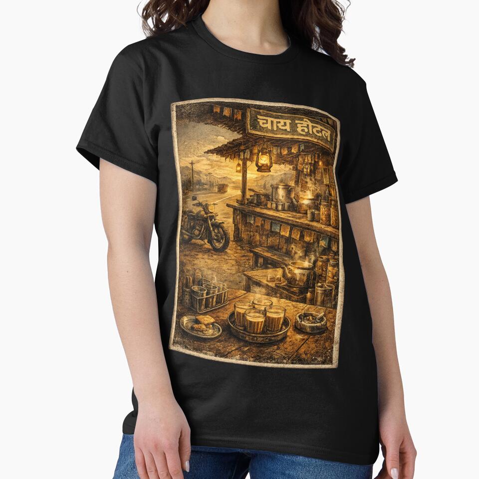 Indian Highway Chai Hotel Vintage Travel Poster T-Shirt | Motorcycle Tea Stall Road Trip Design by Globalcitytees