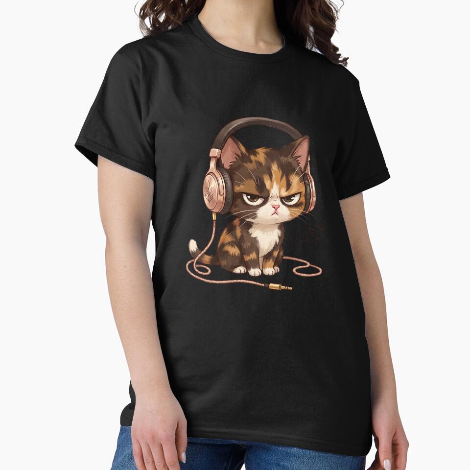 Grumpy Calico Cat Wearing Metallic Headphones by CrystalMineArts