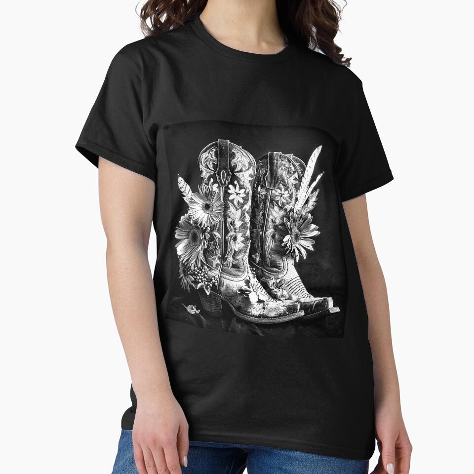 Floral Cowboy Boots with Feathers – Black and White Western Art by inkoutninja