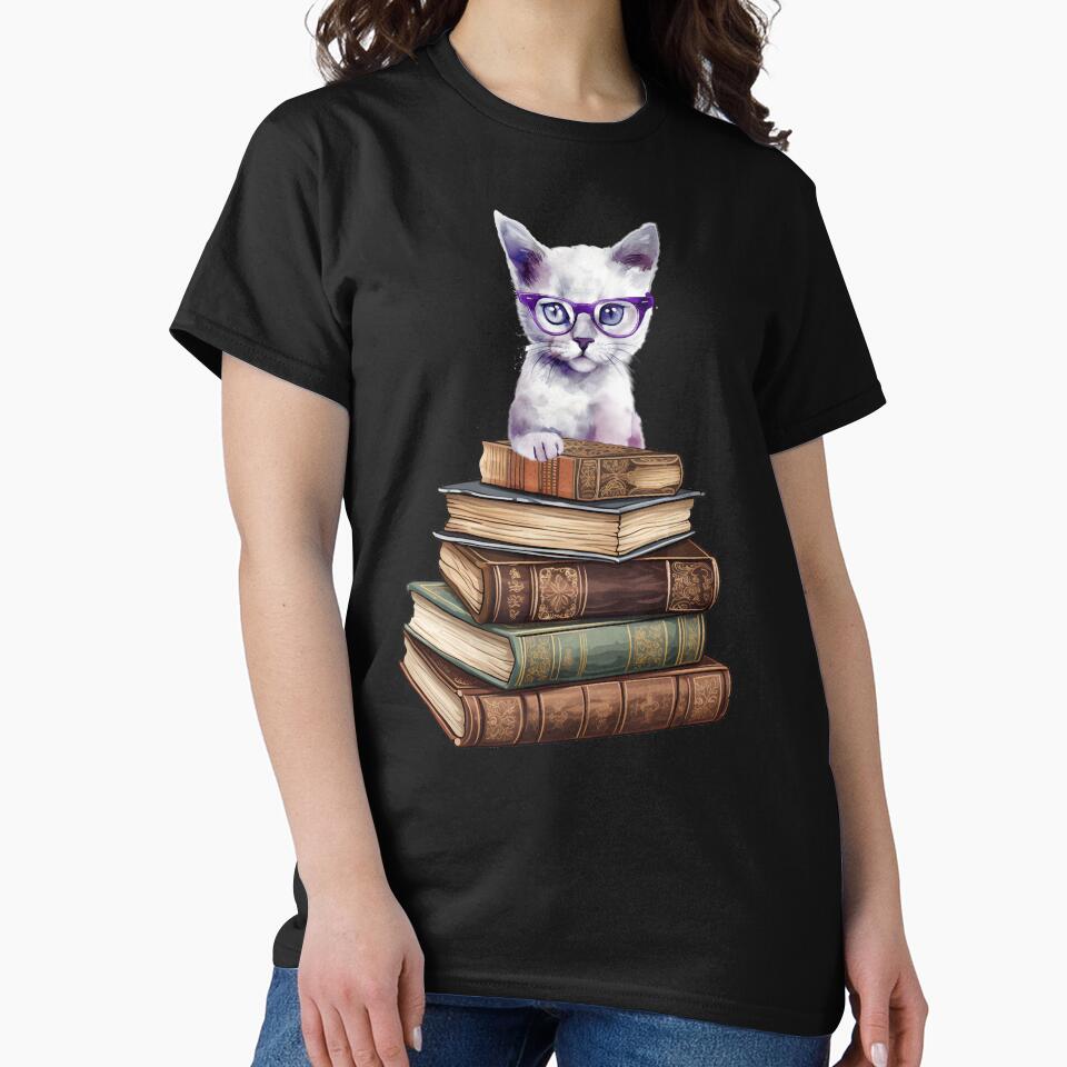 FUNNY CUTE INTELLECTUAL BOOK WORM WHITE CAT WITH PURPLE GLASSES by FlutteringWings