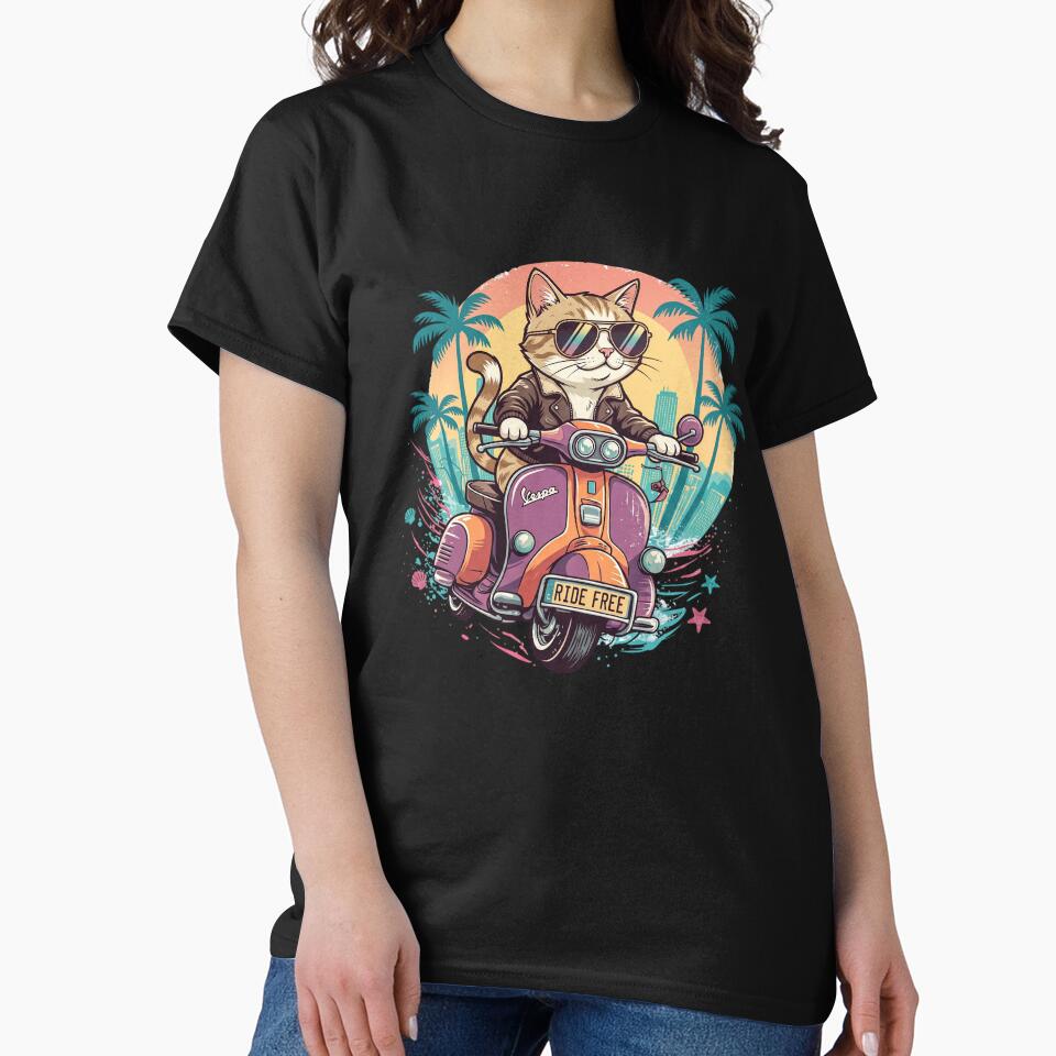 Cool Cat Riding Retro Scooter Beach Sunset by CrystalMineArts