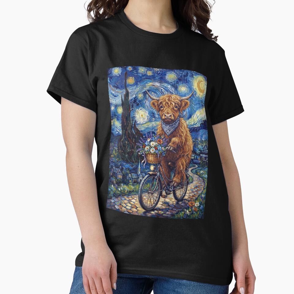 Highland Cow Biking Bike Starry Night Van Gogh Art Animal Lover by dian-rody-crest