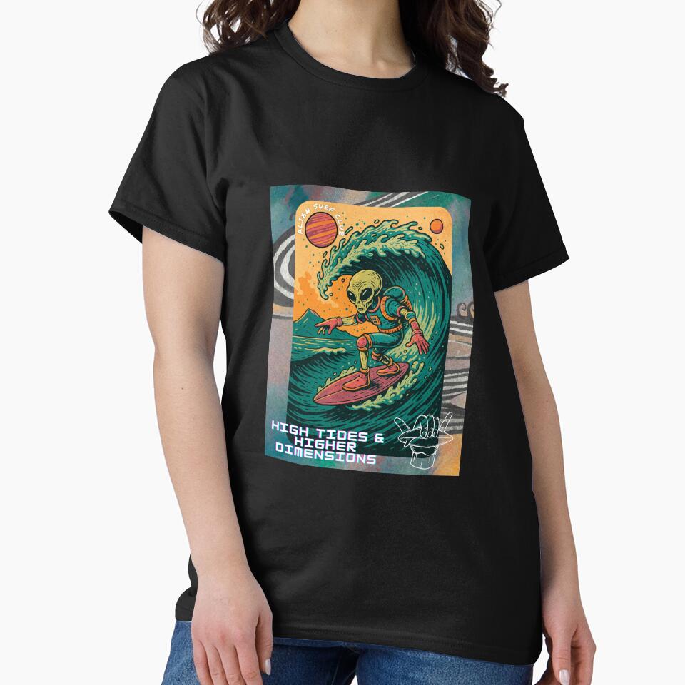 High Tides & Higher Dimensions – Alien Surfing T-Shirt | Cosmic Wave Poster Style Design by VybeWear Co.