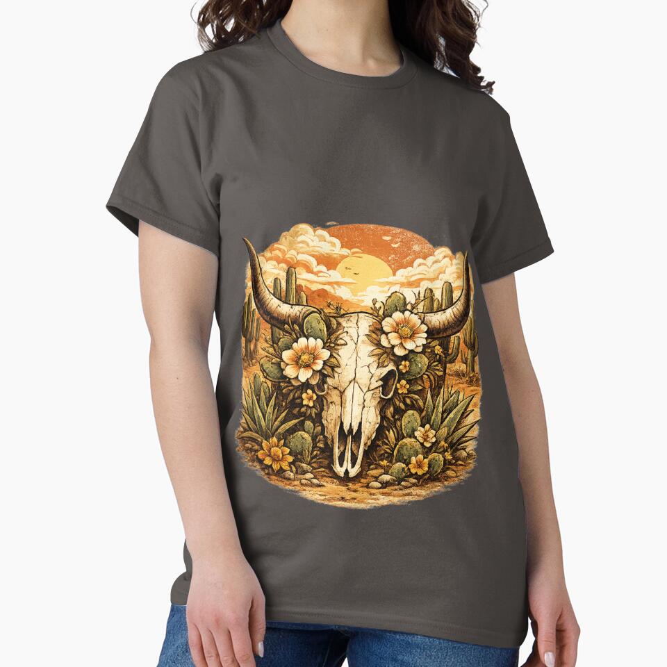 Retro Western Cowboy Skull Desert Sunset Graphic by MagicMakerPh