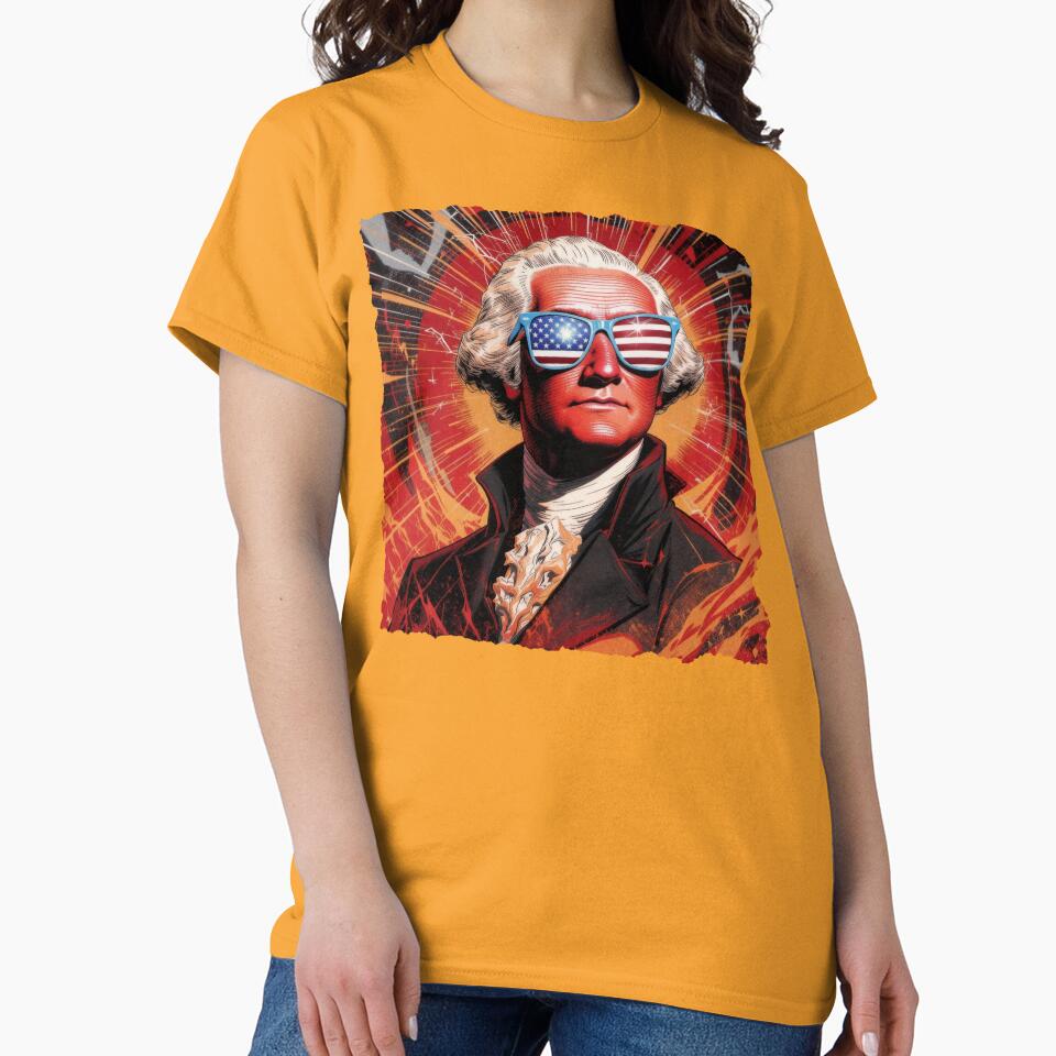George Washington Action Shirt Patriotic Comic Hero Parody Tee Founding Father Vintage Poster Style American History Mashup T‑Shirt by The Bizarre Archive
