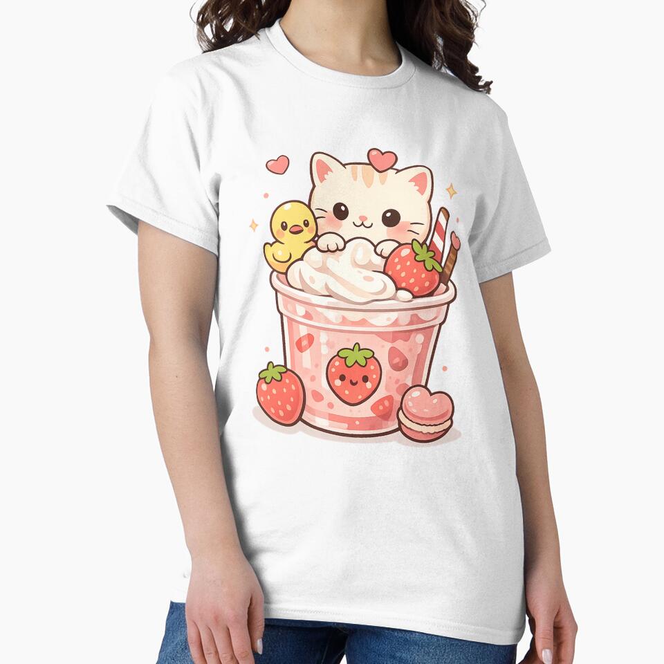 Cute Kawaii Kitten & Duck Strawberry Milkshake | Pastel Cozy Cat Aesthetic Sticker & T-Shirt by designbyuzi