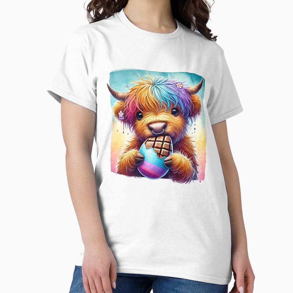 Scottish Highland Cow eating Easter Eggs Colorful Watercolor by MaedK