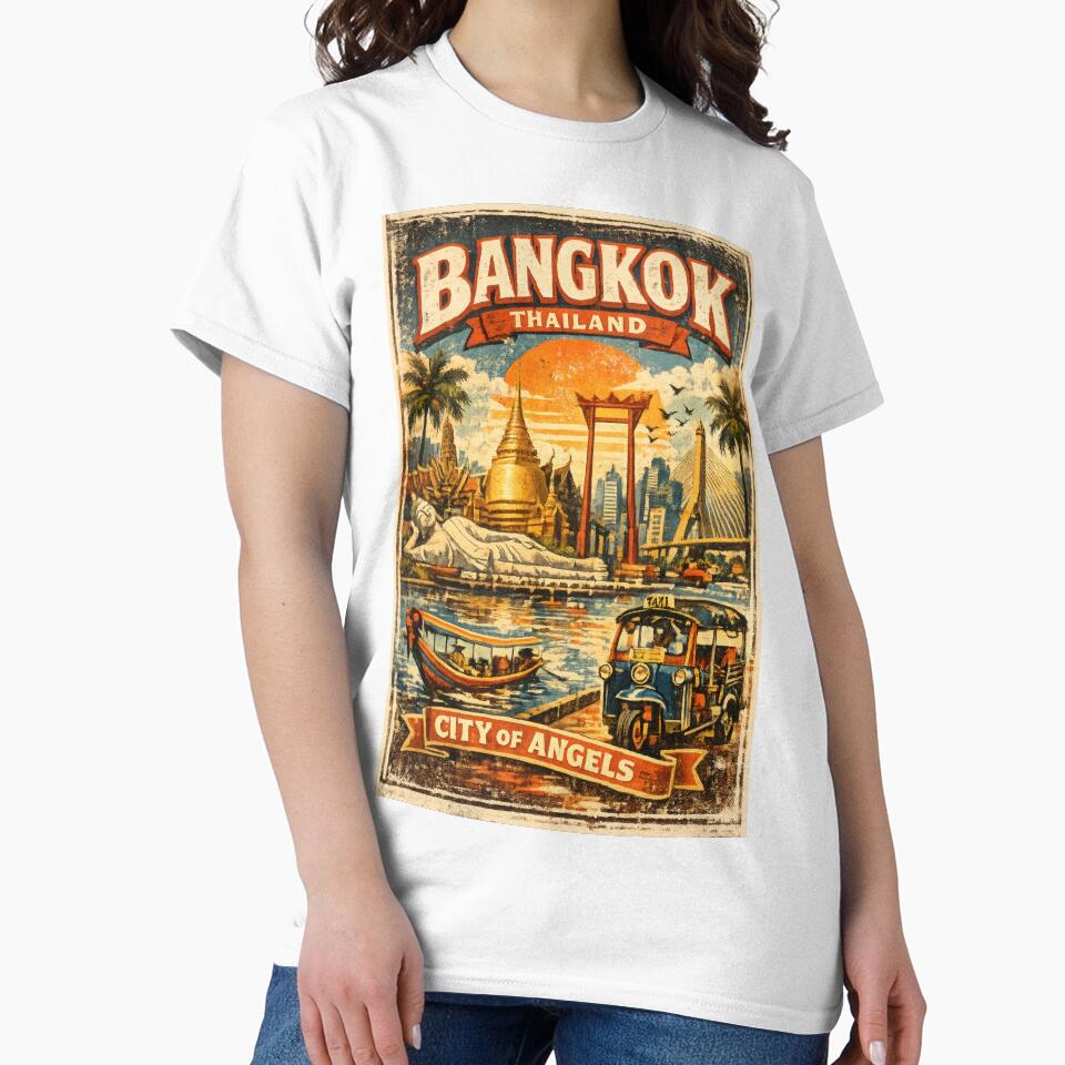 Vintage Bangkok Thailand T-Shirt – Retro City of Angels Travel Poster Graphic Tee by Jeeraphat Homrern