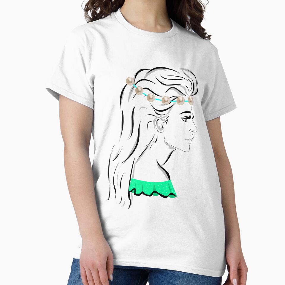 Line art pretty girl with long hair and eyelashes wearing hot green off shoulder dress and pearl crown by SGS-