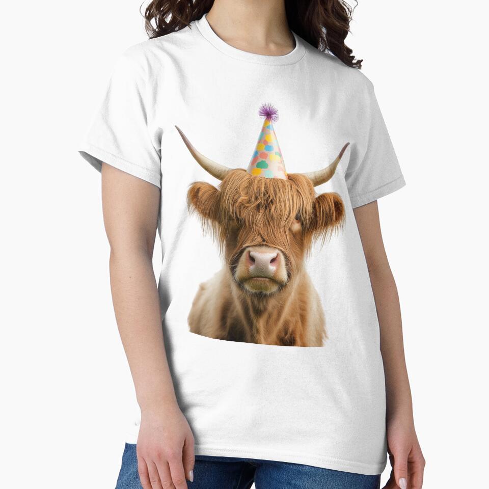 Funny Highland Cow Wearing Birthday Party Hat by LazyOwlStore
