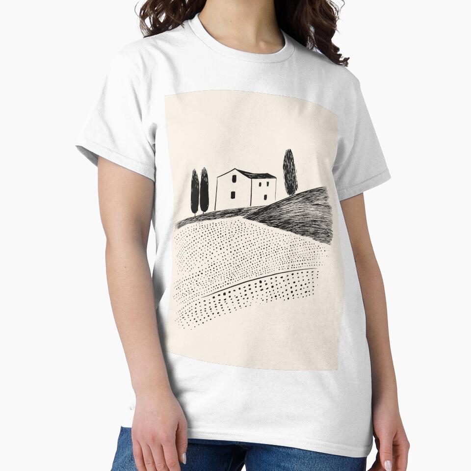 Minimalist Countryside Line Art - House and Trees Illustration by Michele Lobgianizze