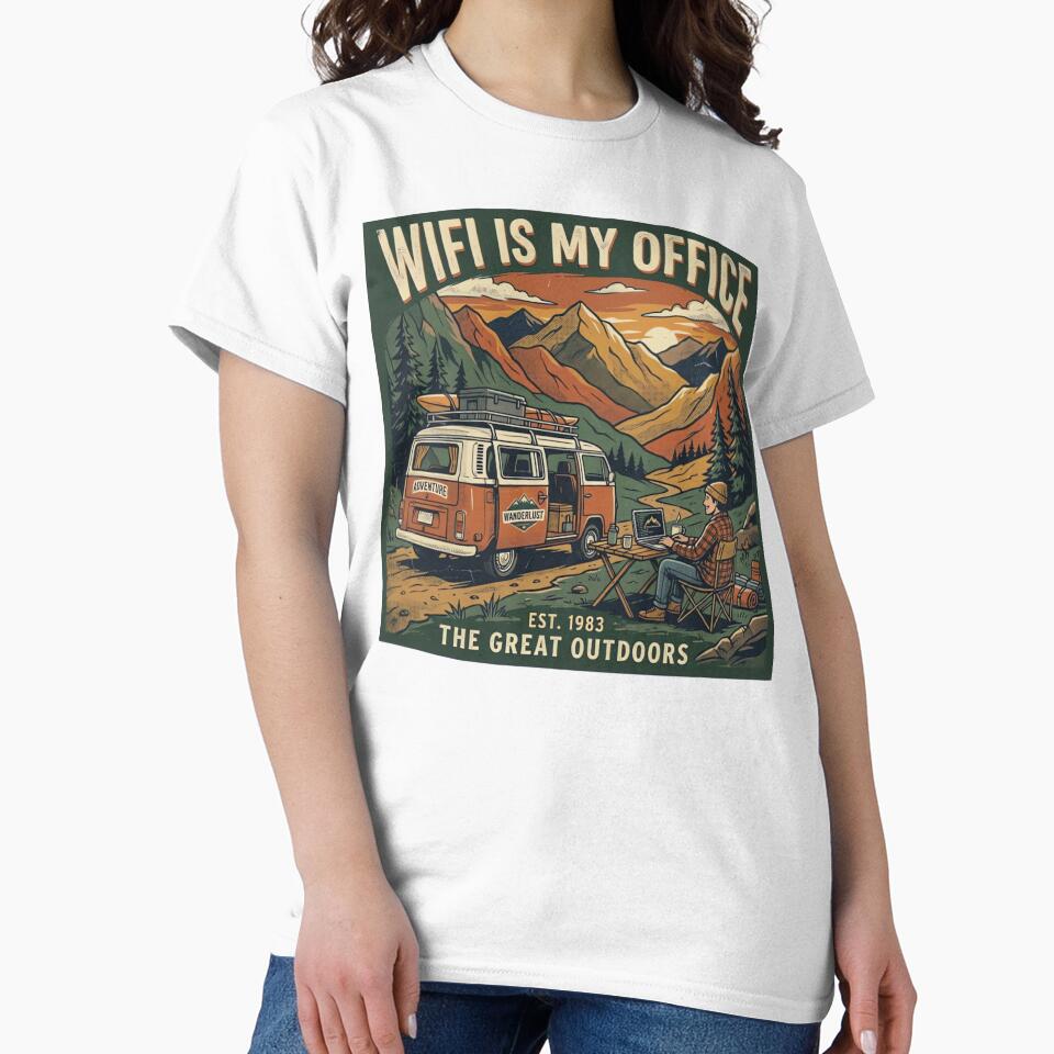 WiFi Is My Office Retro Camper Van Mountain T-Shirt Design by urbinet