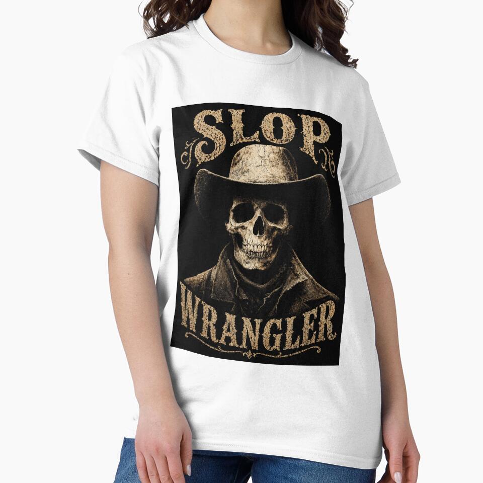 Slop Wrangler Dark Western Skull Cowboy Graphic Tee Design by gimpysticks