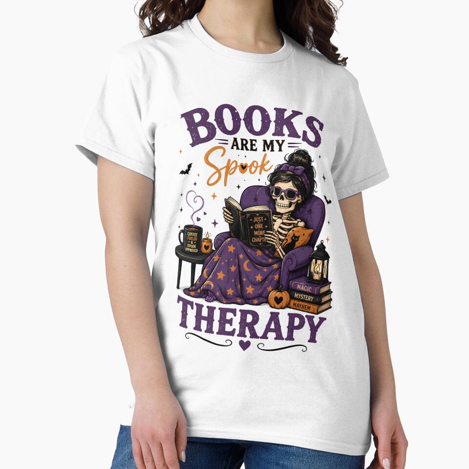 Books Are My Spook Therapy – Halloween Skeleton Book Lover Reader Design by SVALANART