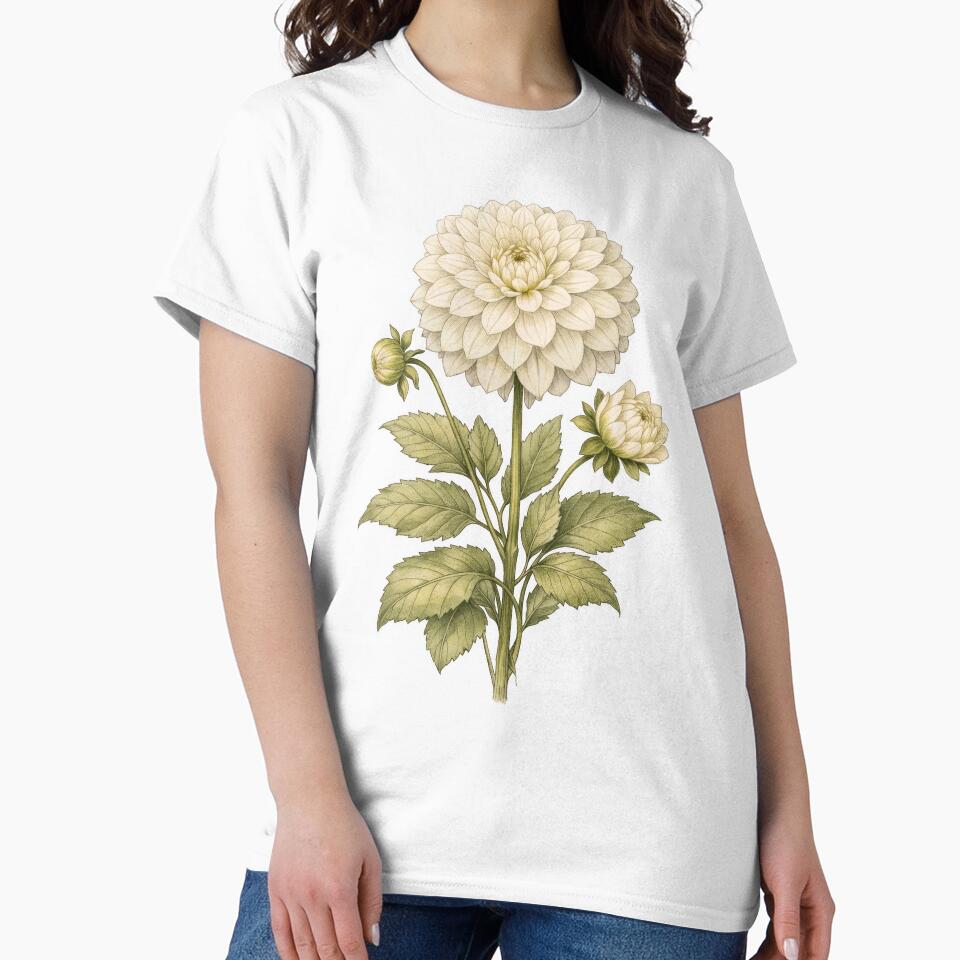 Vintage White Dahlia Botanical Illustration - Antique Flower Print by Darlin8888