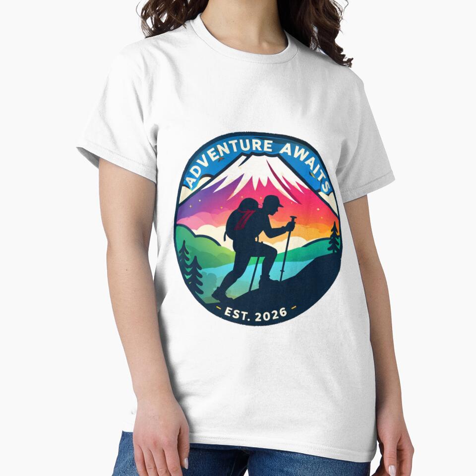 Adventure Awaits Hiking Badge | Colorful Mountain Outdoor Adventure Design by Globalcitytees