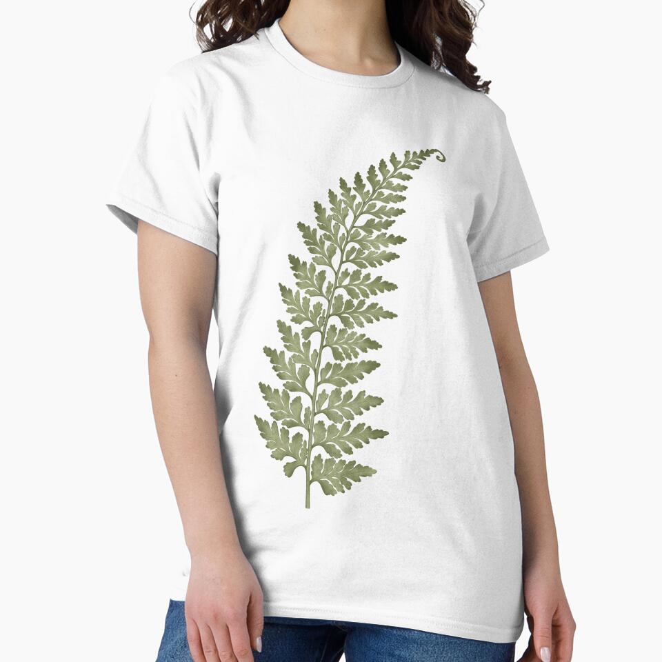 Detailed botanical illustration of a green fern leaf on a dark background. by Grin Katalina Floral Patterns & Cozy Art