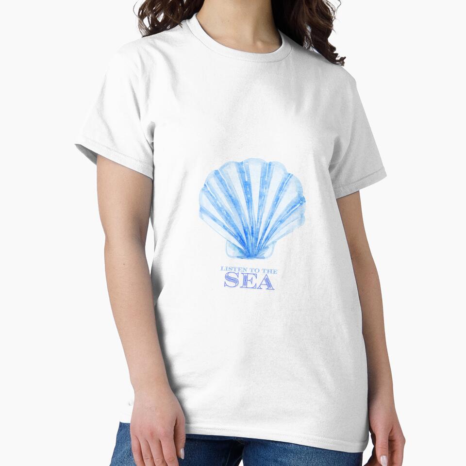 Listen to the Sea – Blue seashell in a watercolor aesthetic style by ColorNest Designs