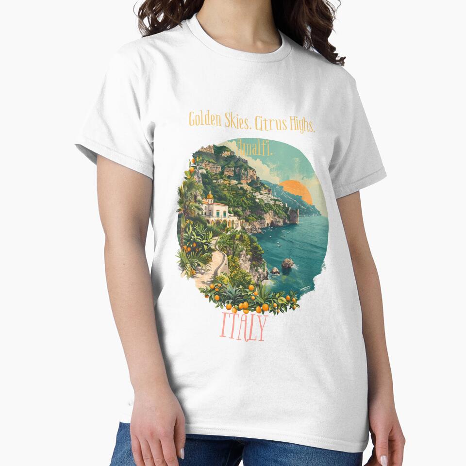 Golden Skies. Citrus Highs. Amalfi. – Amalfi Coast Travel T- Shirt | Lemon Grove Aesthetic | Summer Italy Poster by VybeWear Co.