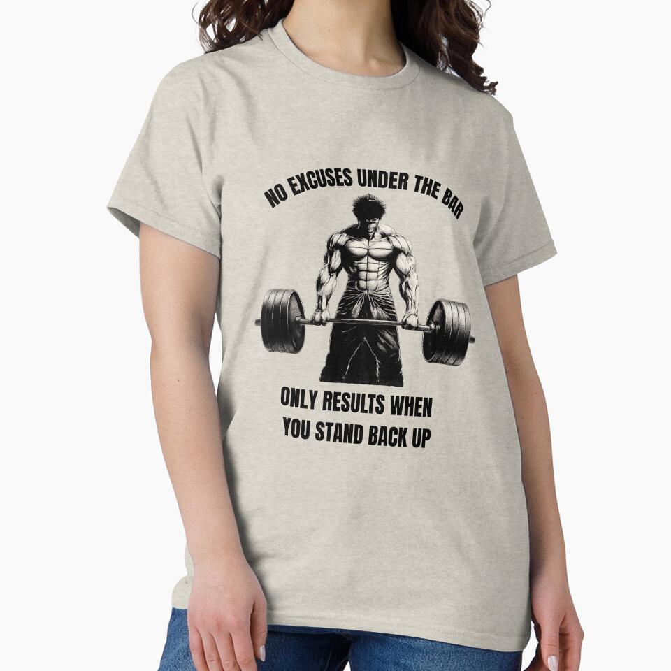 Gym motivation - "No excuses under the bar only results when you stand back up" by MuscleMind