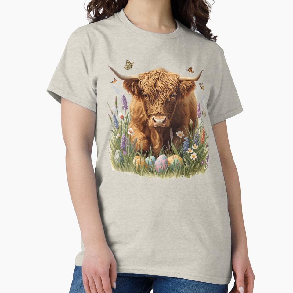 Highland Cow Easter Egg Hunt – Cute Spring Highland Cow with Butterflies by Willow & Ink