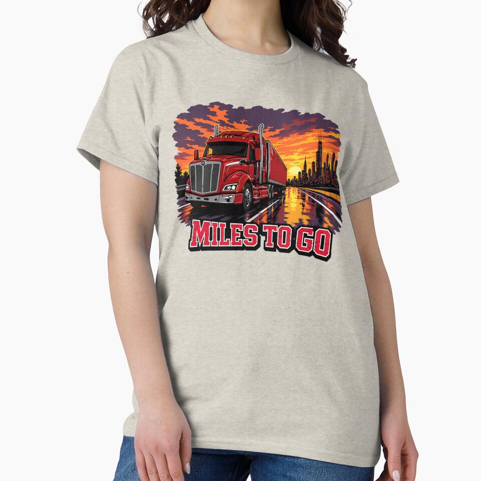 Miles To Go - Red Semi Truck Sunset City Skyline Art by NomadForge