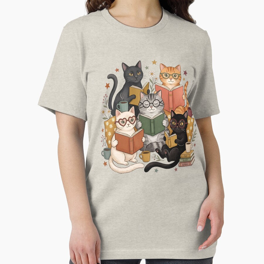 Cute Book Lover Cats T-Shirt – Cozy Reading Cats with Books & Coffee by Abdelthreads
