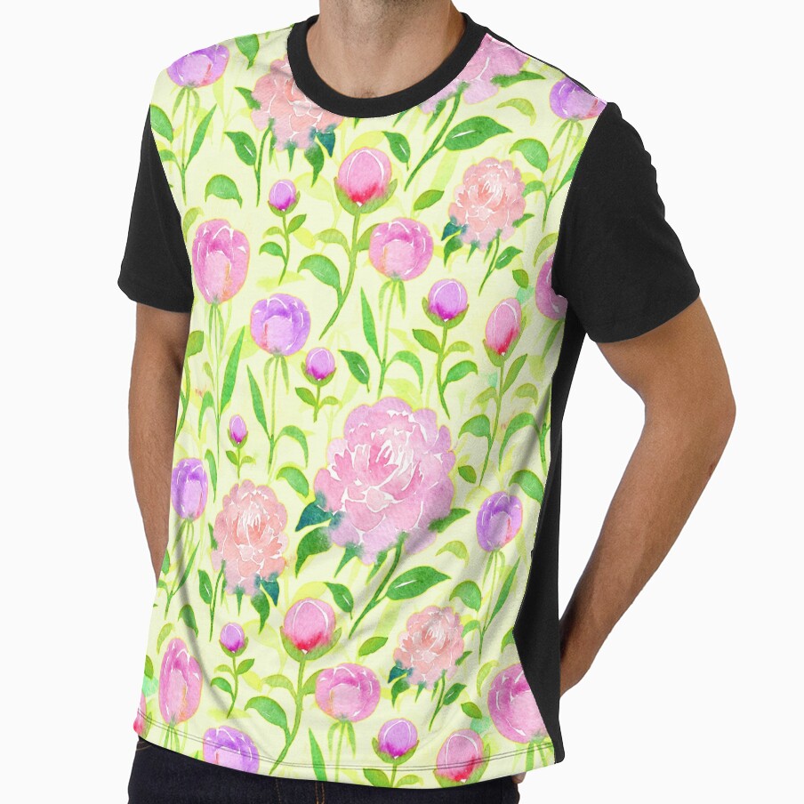 Watercolor Peonies Pattern #5 (Yellow Background) by andrebalest.art