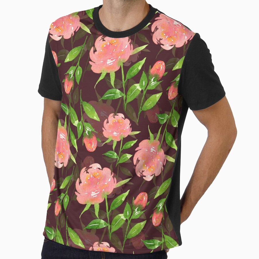 Watercolor Peonies Pattern #4 (Maroon Background) by andrebalest.art