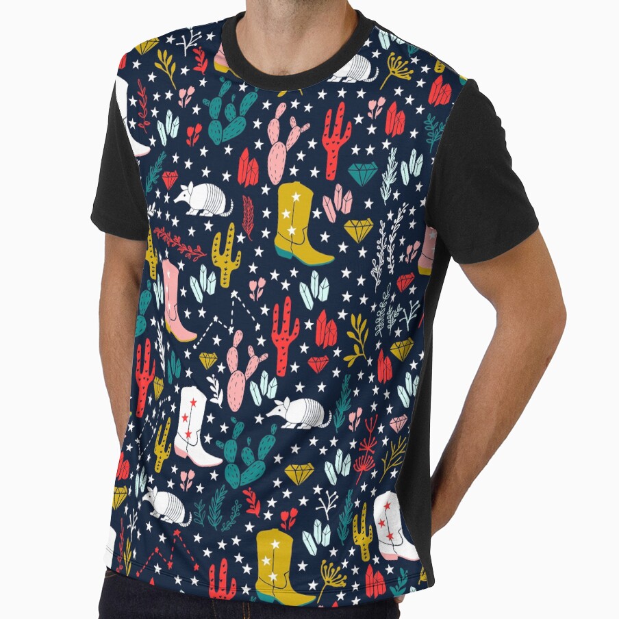 Cute Western Cowgirl Pattern with Cactus, Armadillo and Stars on Blue Background by kapotka