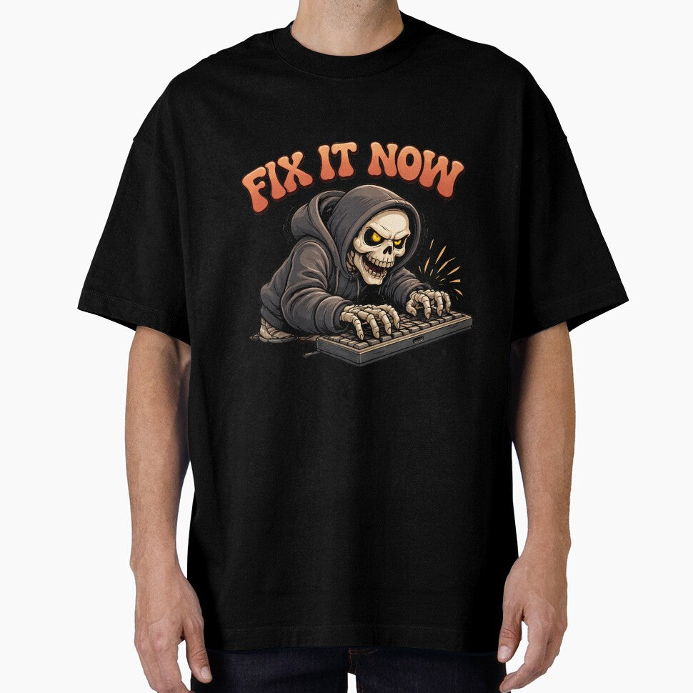 Fix It Now Funny Skeleton Programmer T-Shirt | Lazy Coding Meme Graphic Tee by Raw Tigers