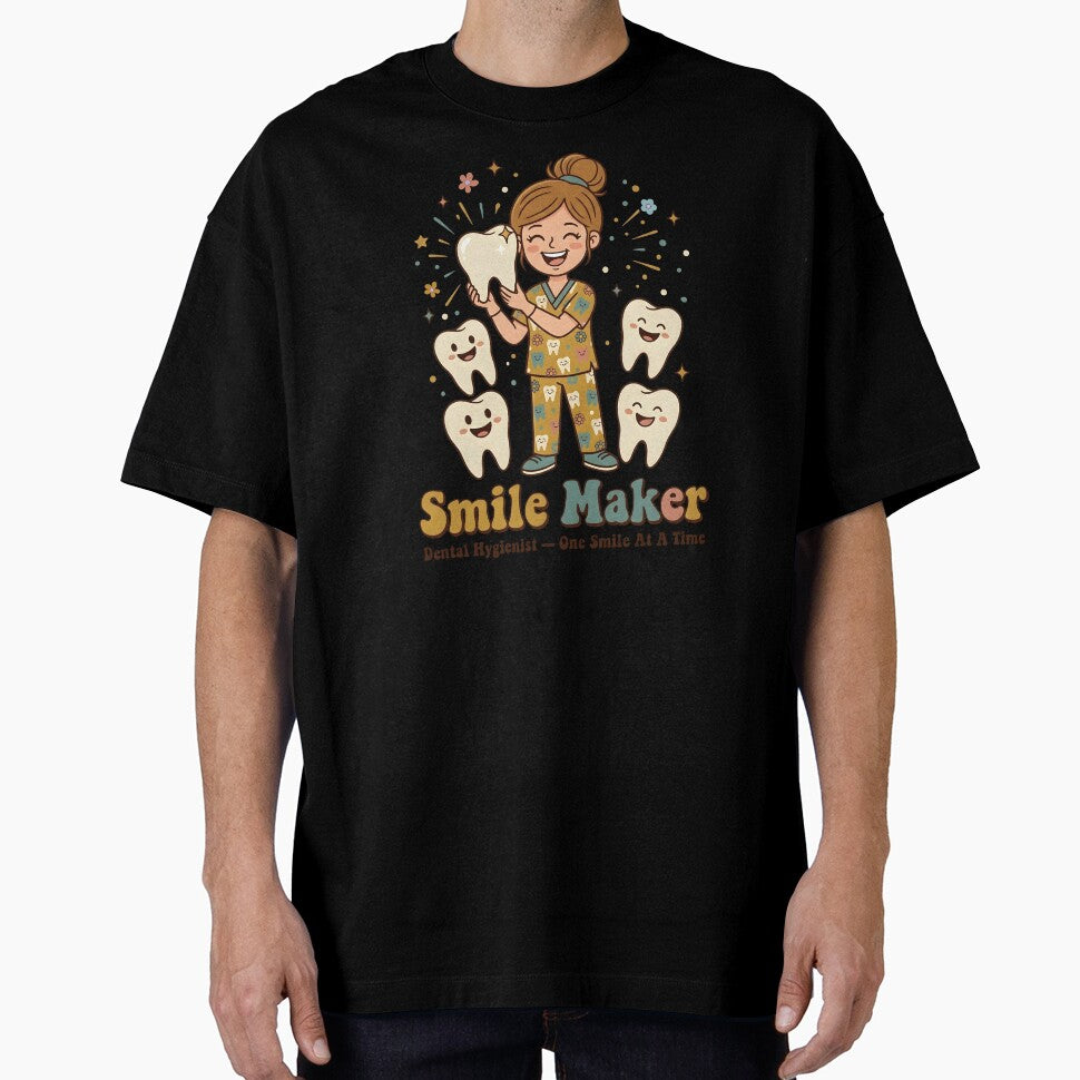 Smile Maker Dental Hygienist One Smile At A Time — Funny Retro Dental Gift Tooth Character Shirt by CottonFirst